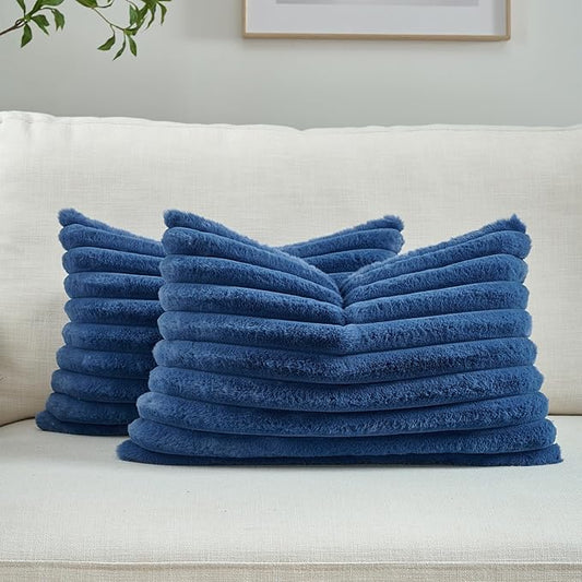 FUTEI Navy Blue Throw Pillow Covers Set of 2, 12x20 Inch Striped Texture Lumbar by FUTEI