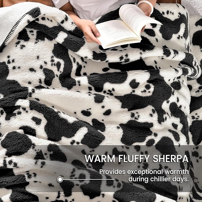 PHF Cute Cow Print Sherpa Blanket King Size - Image 6