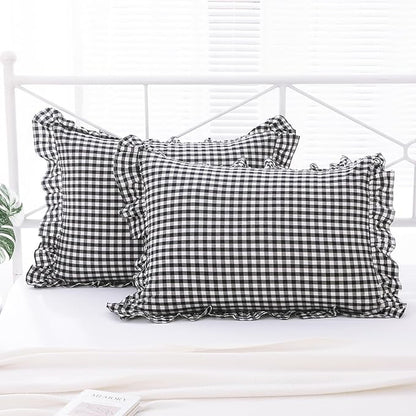 2 Pack Black and White Plaid Ruffle Gingham Standard Pillow Shams, 100% Washed by KMASANIJI