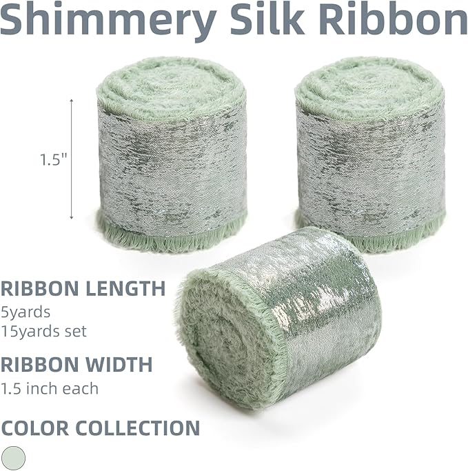 Sage Green Silk Chiffon Ribbon, Frayed Shimmery Silk Ribbon - Image 2