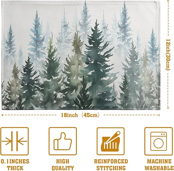 Watercolor Dark Green Tree Table Mats Set of 4 Rustic Nature Forest Pine Tree - Image 4