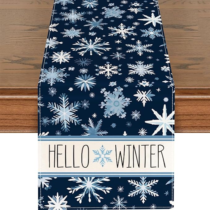 Christmas Table Runner 13x72 Inch Blue White Snowflakes Hello Winter Kitchen by ZCHOMI