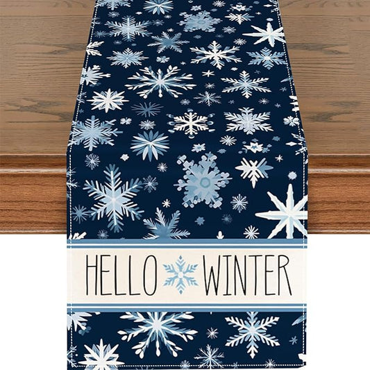 Christmas Table Runner 13x72 Inch Blue White Snowflakes Hello Winter Kitchen by ZCHOMI