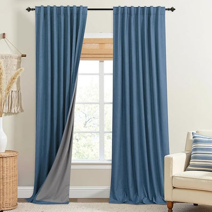 KOUFALL Denim Blue Back Tab Linen Blackout Curtains 92 Inches Long by KOUFALL