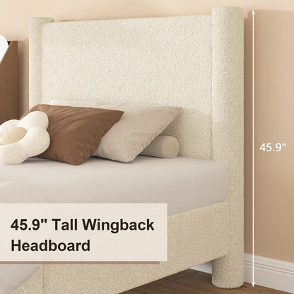 revominca queen cloud bed frame, boucle upholstered platform showing dimensions