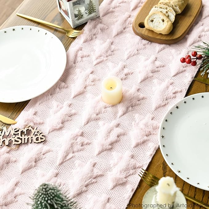 Artoid Mode Christmas Trees Pink Soft Plush Faux Fur Jacquard Christmas Table - Image 4