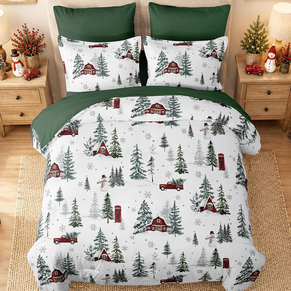 Green Christmas King Size Comforter Set, Christmas Tree Cabin Bedding