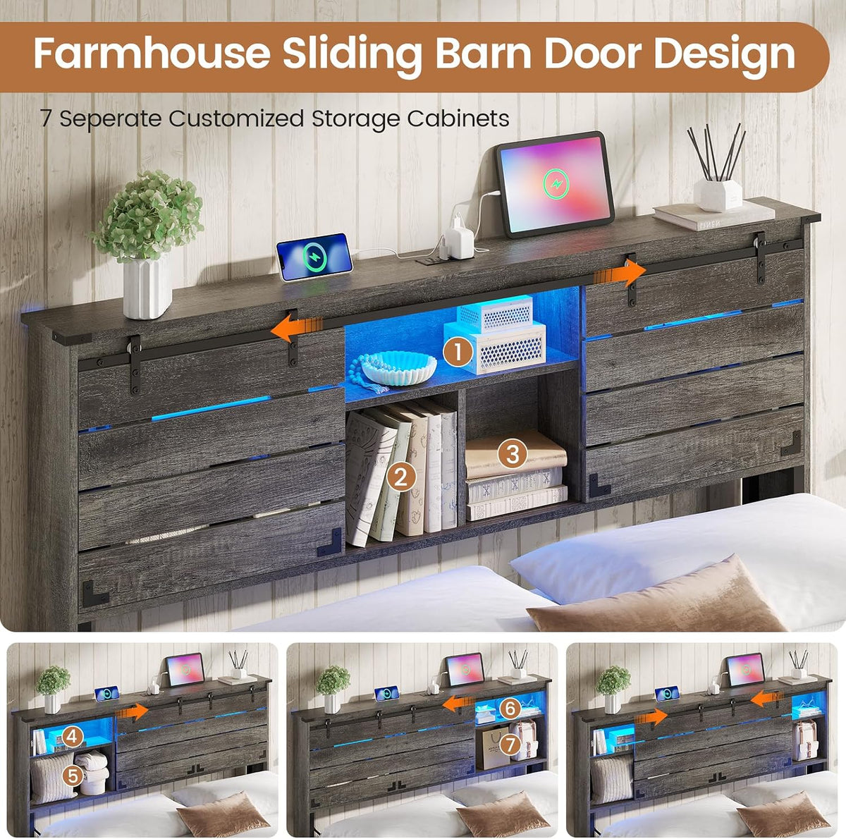 viagdo wooden bed frame queen size with bookcase, close-up detail