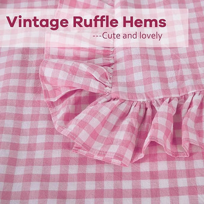 2 Pack Pink White Plaid Gingham Ruffle Euro Pillow Sham Covers, 100% Yarn-Dyed - Image 5