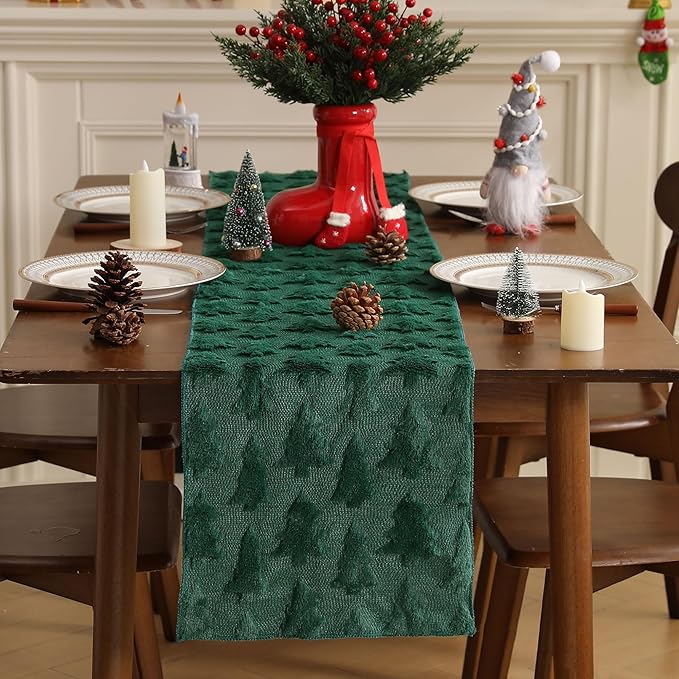 Christmas Tbale Runner 13x72 Inch Soft Plush Faux Fur Jacquard Green Big Small - Image 2