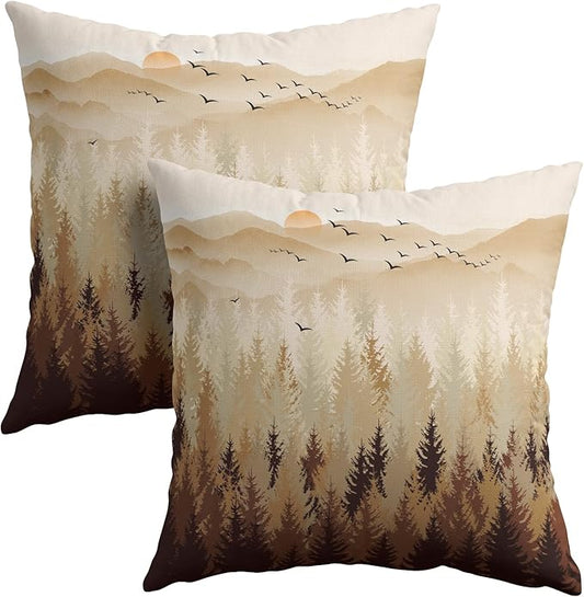 Fall Misty Forest Throw Pillow Covers 20x20 Inch Set of 2 Brown Mountain by Granbey