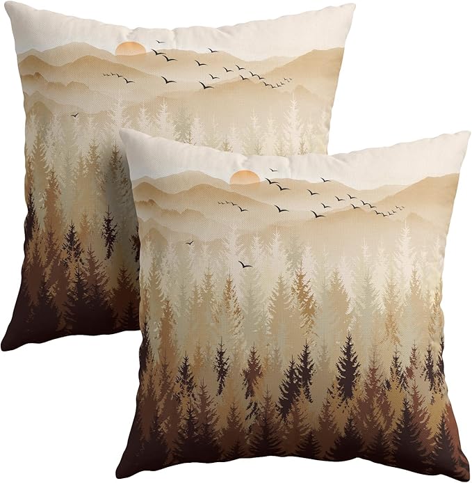 Fall Misty Forest Throw Pillow Covers 18x18 Inch Set of 2 Brown Mountain by Granbey
