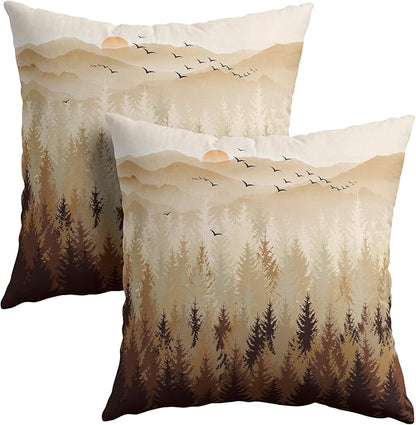 Fall Misty Forest Throw Pillow Covers 18x18 Inch Set of 2 Brown Mountain by Granbey