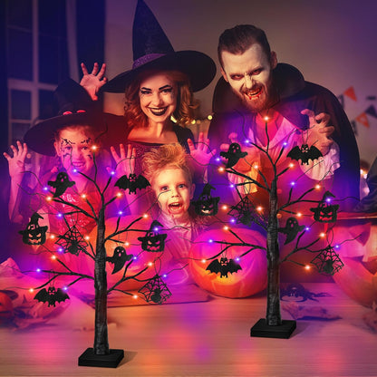 Halloween Decorations Indoor 2 Pack 24 Inch Black Halloween Tree with 24 LED Orange Purple Lights, USB/Battery Operated Halloween Table Decorations Tree Light with Timer, Scary Spooky Home Decor