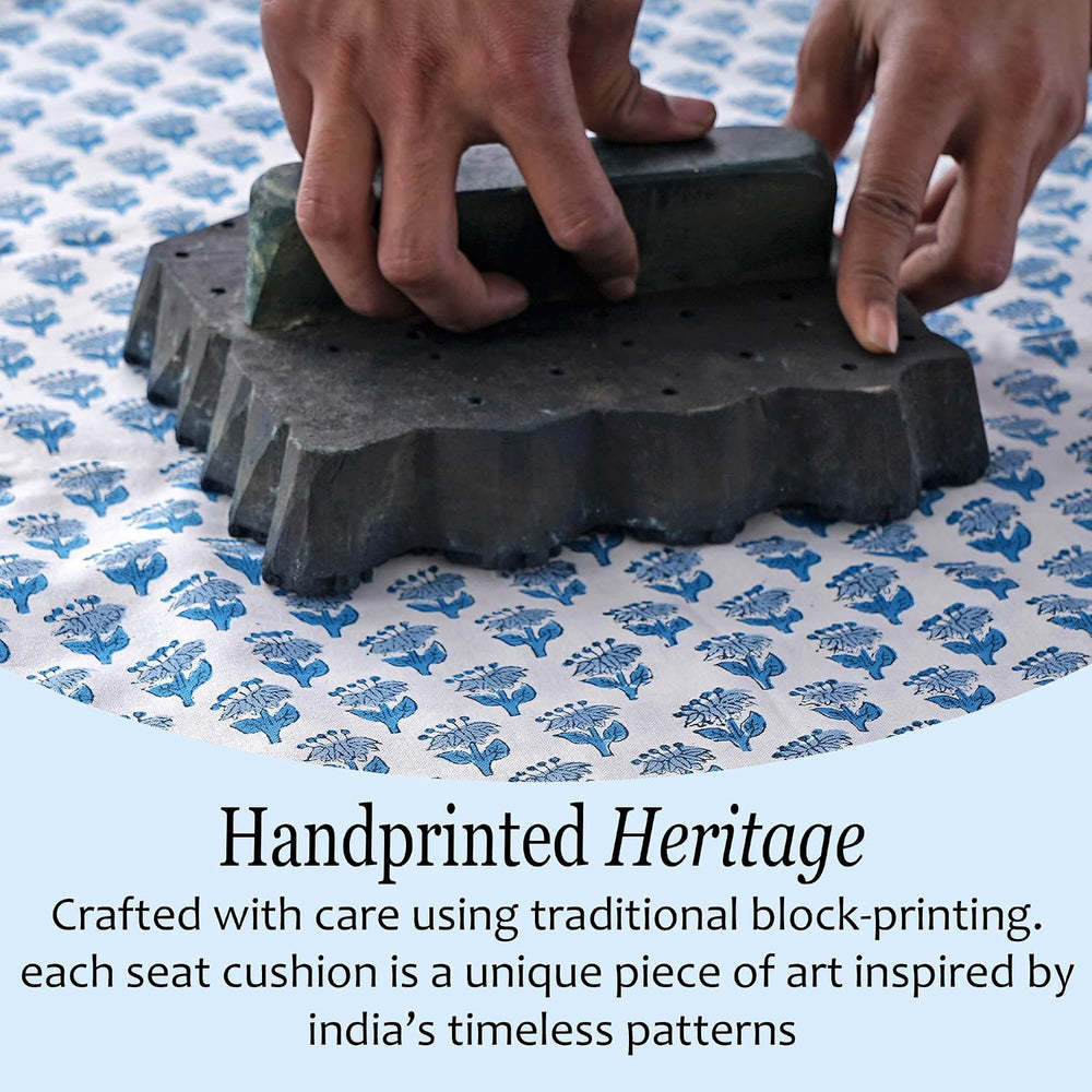 CPC Apatite Blue Block Print Cotton Chair Cushions 16x15x4 Inch, Set of 2