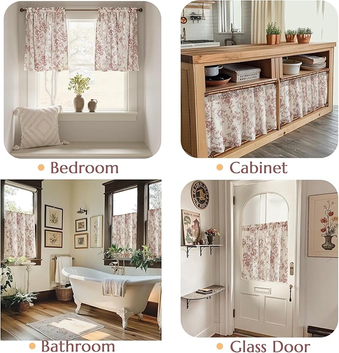 jinchan Floral Linen Tier Curtains Floral Brick Red on Beige Christmas - Image 4
