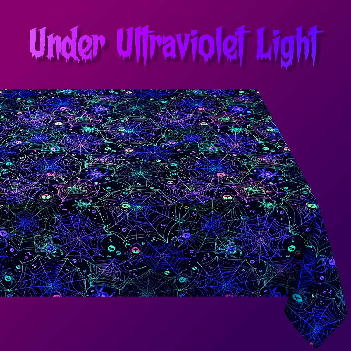 FRAMICS Halloween Tablecloth, Blacklight Table Cloth, Black Spider Web Table Cloth, UV Reactive Table Cover, Waterproof for Halloween Party Kitchen Dining Room Holiday Decor, Rectangle, 60x120 Inch