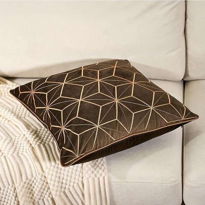 Aeckself Dark Brown Gold Plaid Geometric Throw Pillow Covers 18x18 Inch - Image 3