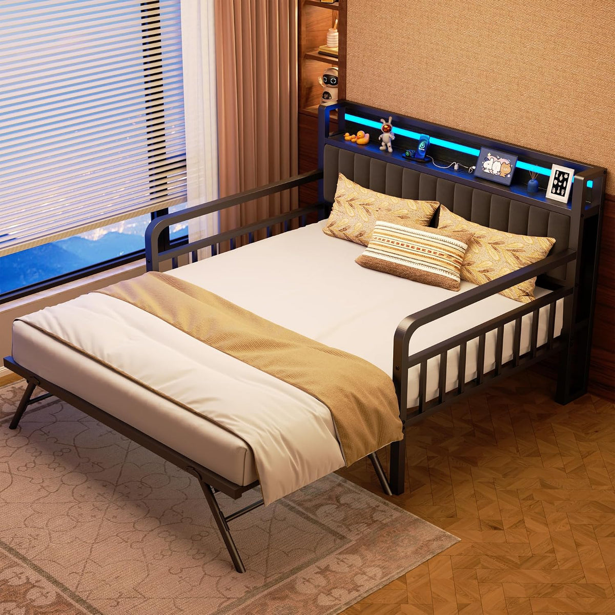 daybed with trundle and led light, heavy duty, close-up detail