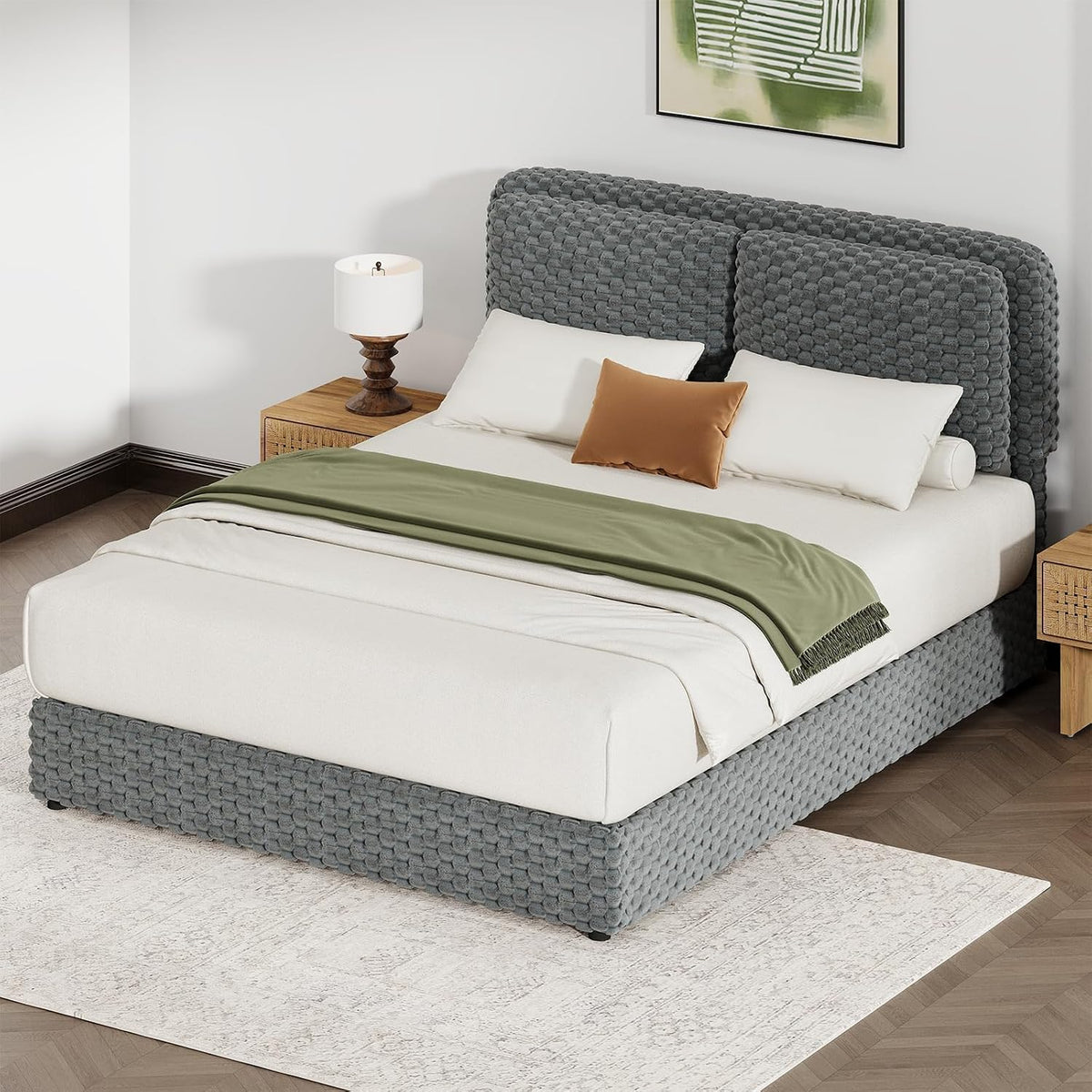 revominca full size bed frame with headboard, upholstered, close-up detail