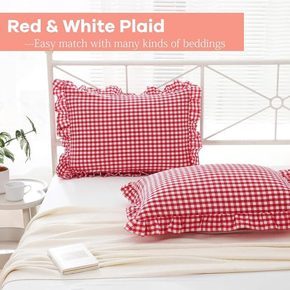 2 Pack Red White Plaid Ruffle Gingham King Size Pillow Shams, 100% Yarn-Dyed - Image 3