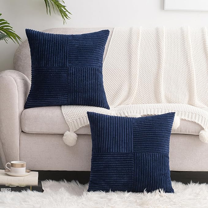 HWY 50 Navy Blue Corduroy Patchwork Throw Pillow Covers 20x20 Inch, Soft Cozy - Image 6