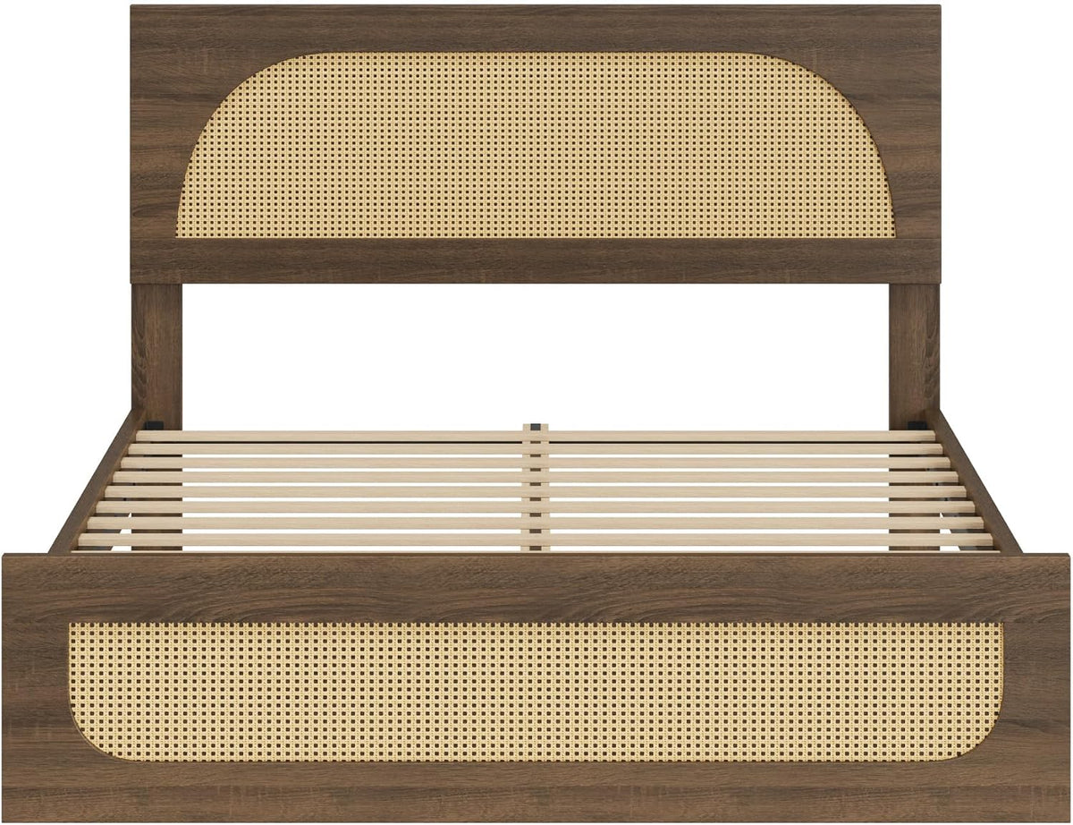 kislot boho rattan bed frame, farmhouse platform, walnut, front angle view