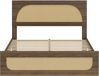 kislot boho rattan bed frame, farmhouse platform, walnut, front angle view