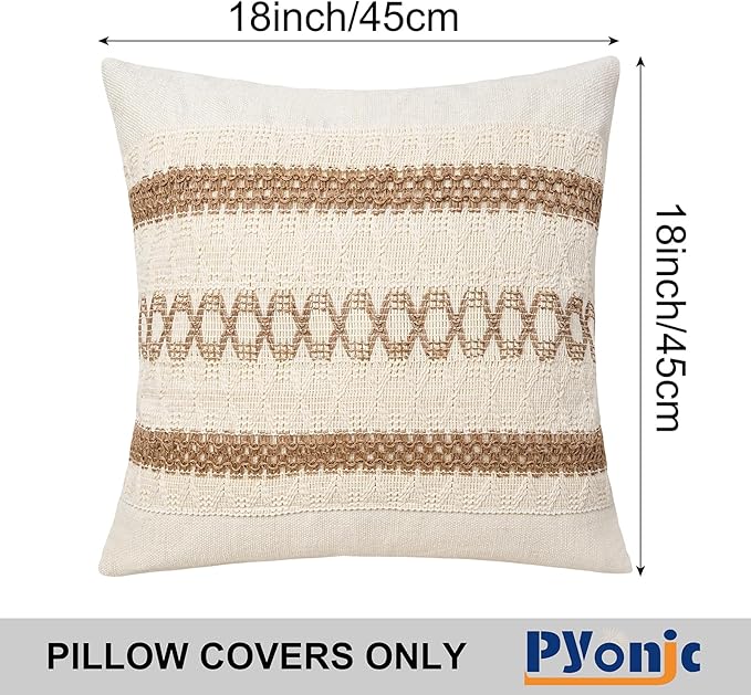 Pyonic Pack of 2 Boho Throw Pillow Covers 18x18 Inch Farmhouse Decorative Throw - Image 3