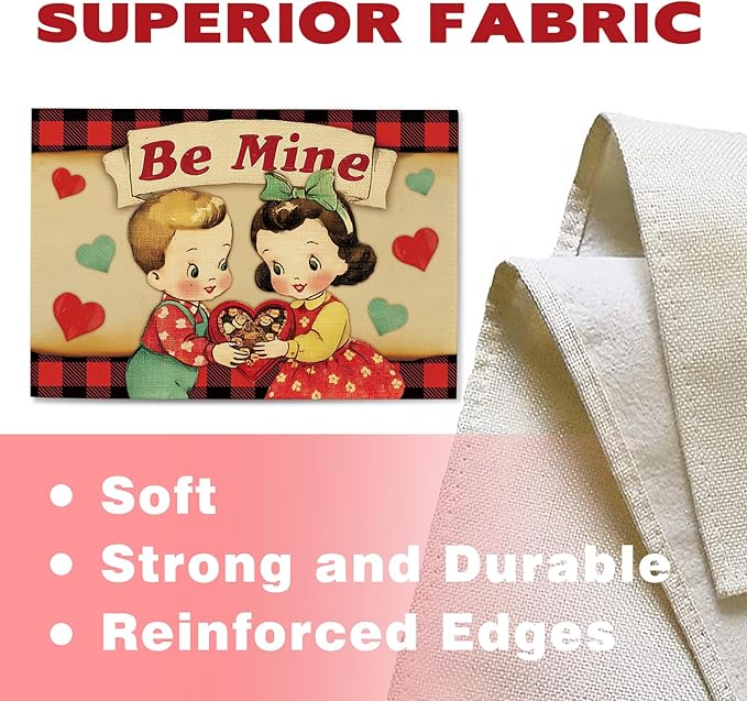 Vintage Valentines Day Kids Placemats Set of 4, Retro Boy Girl Red Blue Love - Image 3