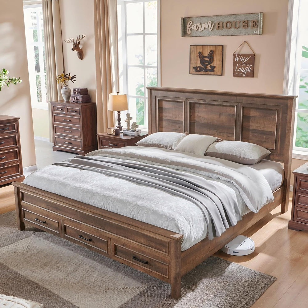 ACCOHOHO Farmhouse Queen Size Bed Frame with 53" Tall Headboard Light Brown