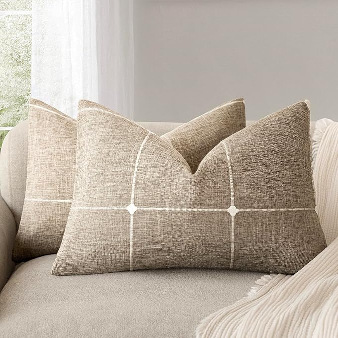 Foindtower Pack of 2 Decorative Faux Linen Jacquard Check Throw Pillow Covers by Foindtower