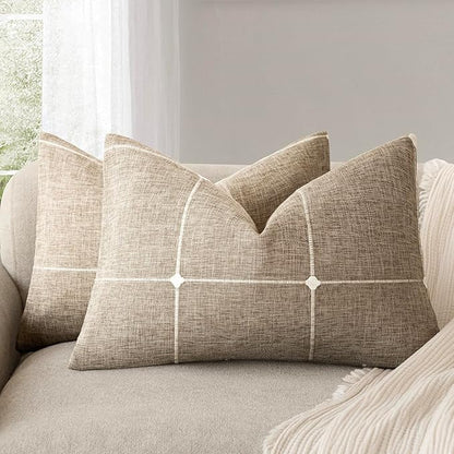 Foindtower Pack of 2 Decorative Faux Linen Jacquard Check Throw Pillow Covers by Foindtower