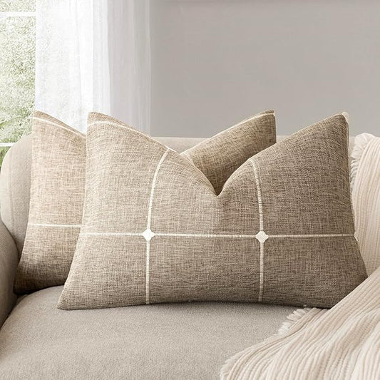Foindtower Pack of 2 Decorative Faux Linen Jacquard Check Throw Pillow Covers by Foindtower