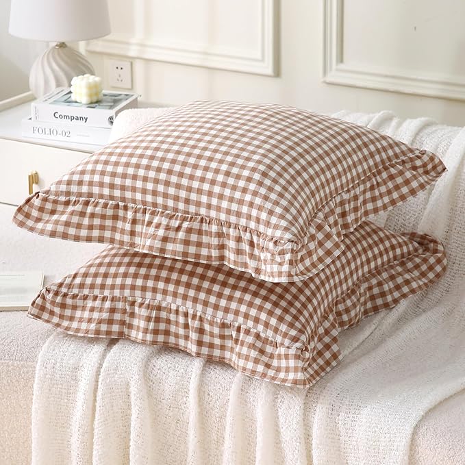Aryeleay 2 Pack Khaki White Plaid Ruffle Throw Pillow Covers, 100% Cotton - Image 2