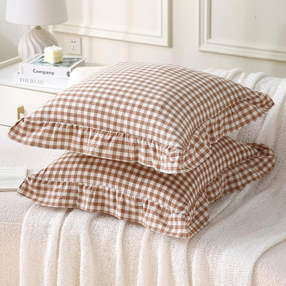 Aryeleay 2 Pack Khaki White Plaid Ruffle Throw Pillow Covers, 100% Cotton - Image 2
