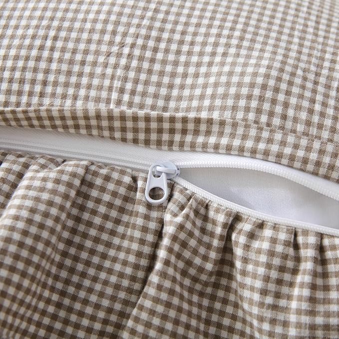 Aryeleay 2 Pack Brown White Plaid Gingham Ruffle Pillow Shams, 100% Washed - Image 4