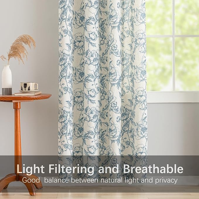 Blue Floral Curtains Farmhouse Linen 84 Inches Length Grommet Top Curtain - Image 4