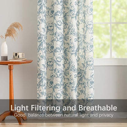 Blue Floral Curtains Farmhouse Linen 84 Inches Length Grommet Top Curtain - Image 4