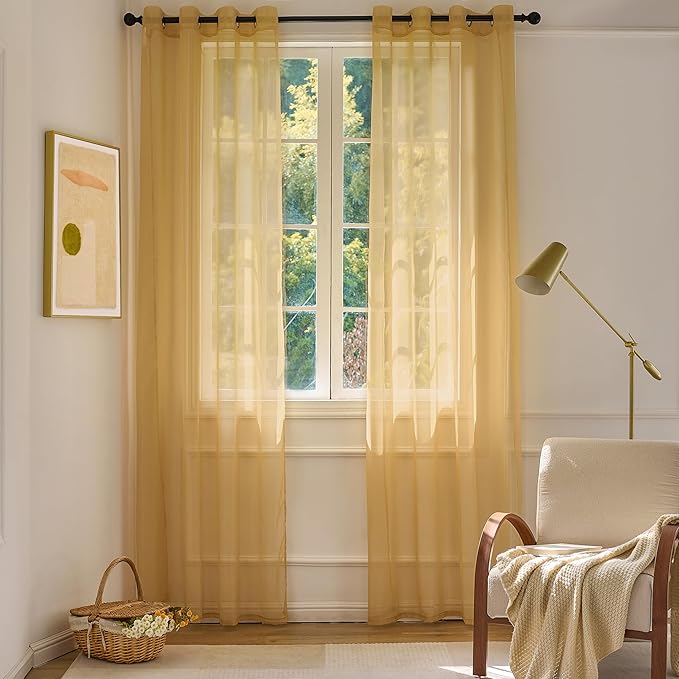 Foil Stripe Gold Sheer Curtains 96 inches Length 2 Panels by MISSTIAM