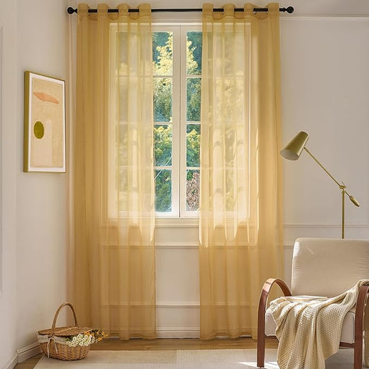 Foil Stripe Gold Sheer Curtains 96 inches Length 2 Panels by MISSTIAM