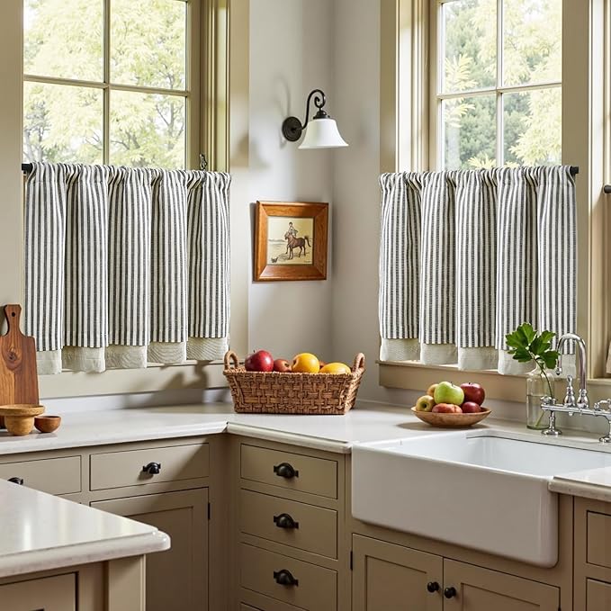 jinchan Double Layer Striped Linen Kitchen Tier Curtain Rustic Cafe - Image 4
