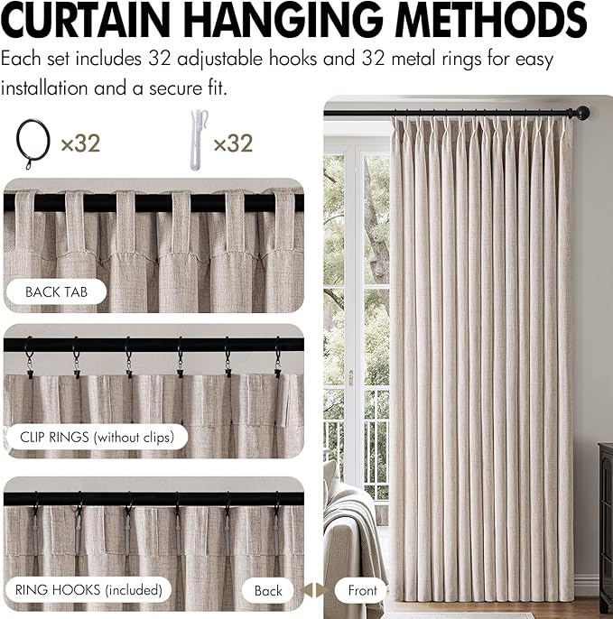 MIULEE Pinch Pleated Thick Linen Curtains 102 Inch 4 Panels Set Back Tab Memory - Image 8