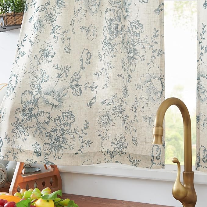jinchan Floral Linen Tier Curtains Blue Flower on Beige Cafe Curtains 36 Inch - Image 4