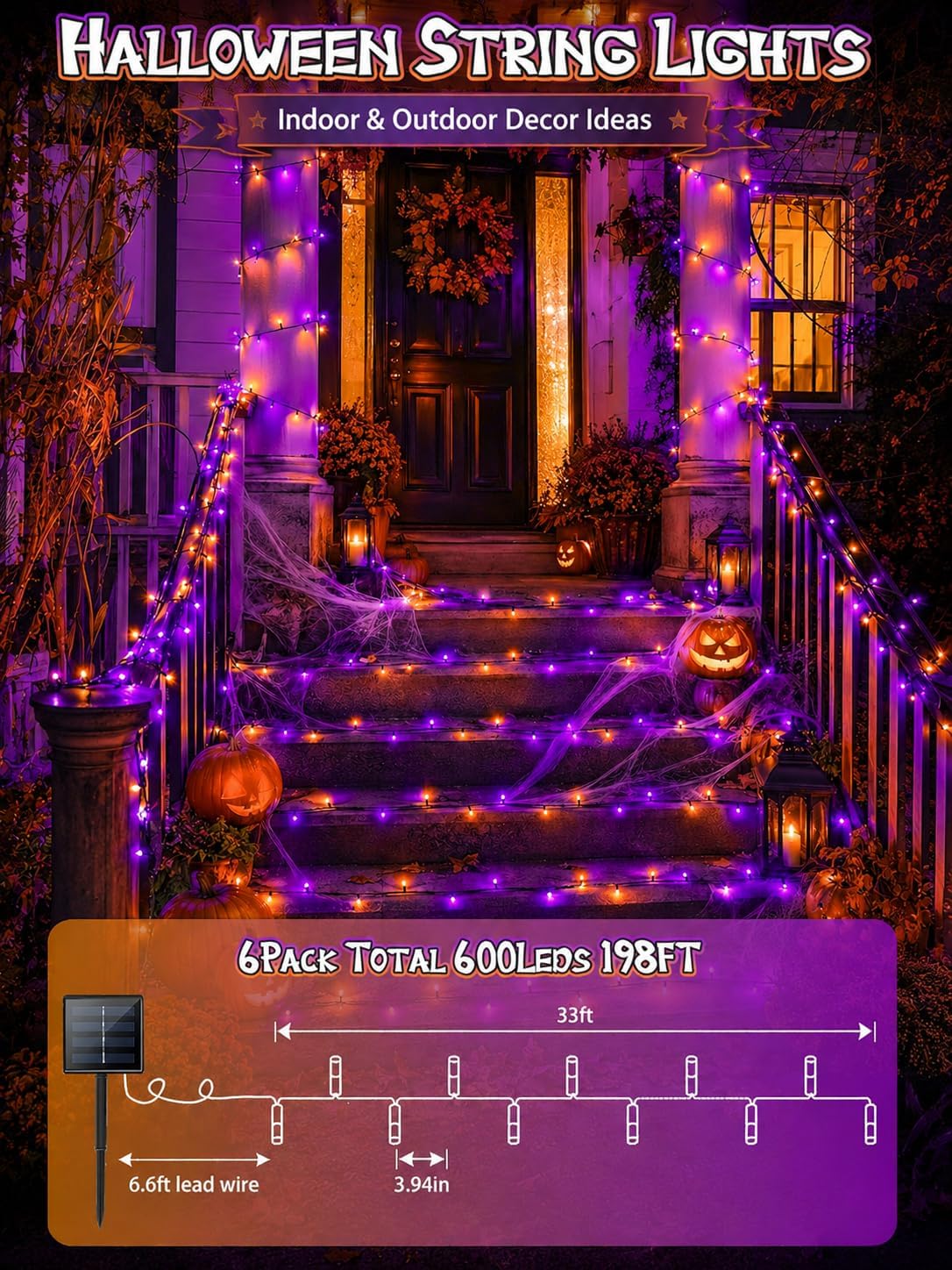 6 Pack Solar Halloween Lights Outdoor, 188FT 600 LED Solar String Lights