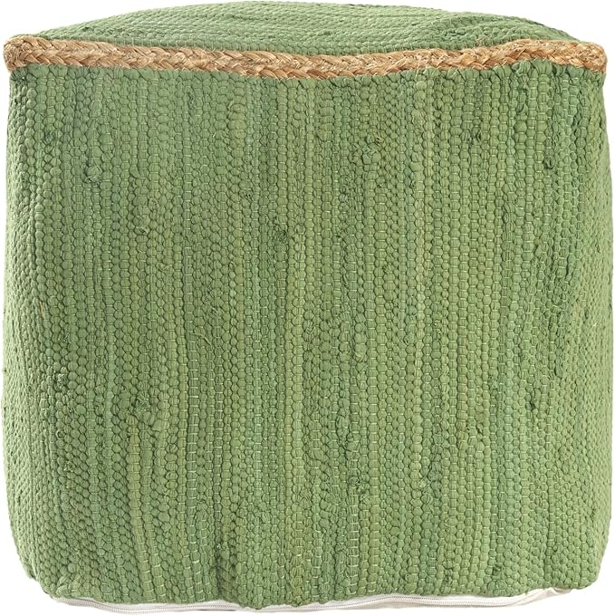 LR Home Green Bordered Hand-Loomed Cotton Blend Cube Pouf - Image 3