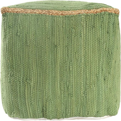 LR Home Green Bordered Hand-Loomed Cotton Blend Cube Pouf - Image 3