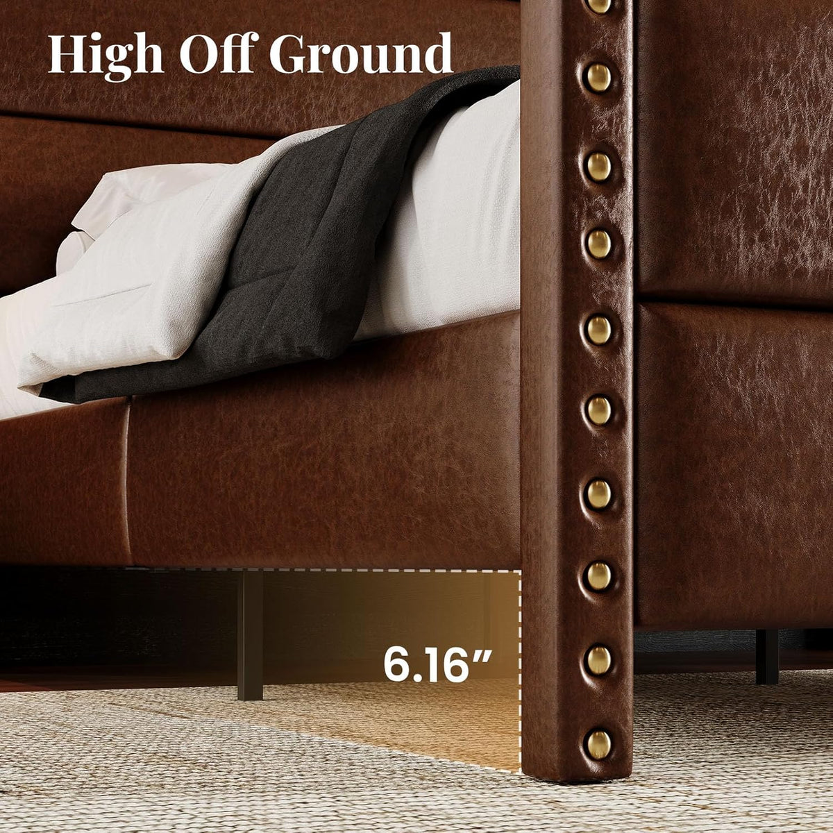 queen size 55" tall faux leather platform bed, side view