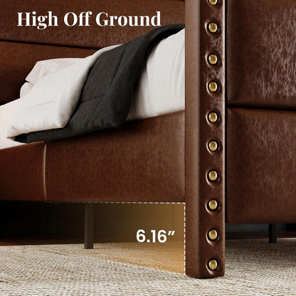 queen size 55" tall faux leather platform bed, side view