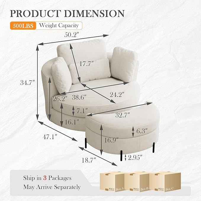 Aoiy & Wifon 50.2'' W Oversized Swivel Barrel Chair - Image 2